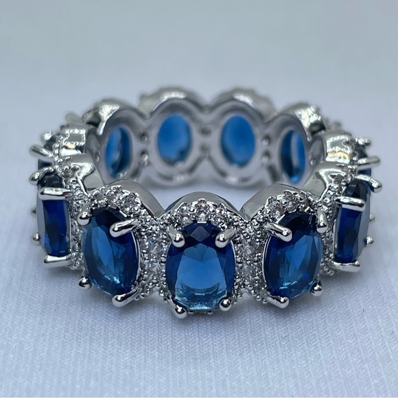 tiffclosetfinds Jewelry - Sapphire Blue CZ Eternity Band Silver Halo Ring Bold Statement Stacking Sz 8